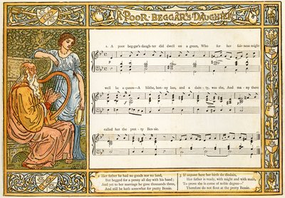"Filha de um pobre mendigo", ilustração da canção de "Pan-Pipes", um livro de canções antigas, recentemente arranjado e com acompanhamentos por Theo. Marzials, publicado em Londres por George Routledge und Sons, 1884 (col de Walter Crane